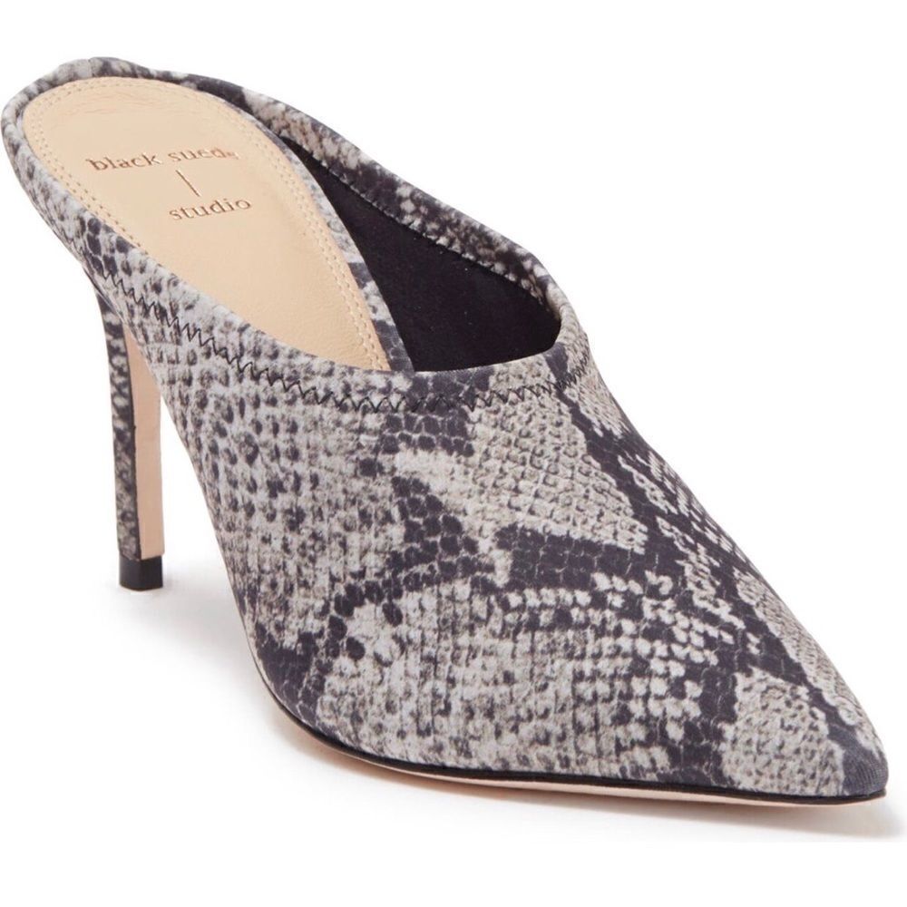 Black Suede Studio stiletto heel mules NIB snake embossed size 7 gorpcore - Picture 2 of 9